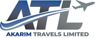 Akarim Travels Limited logo with blue and gray letters and an airplane symbol